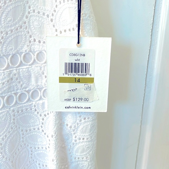 Calvin Klein Eyelet Sleeveless Fit And Flare Dress in White Size  14 NWT - Picture 2 of 6